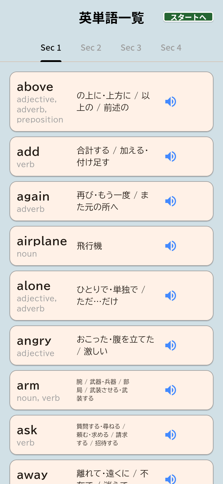 ねこねこ英単語の単語一覧画面